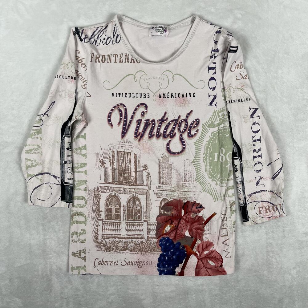 Chriss Stuff T-Shirt Womens Small Multicolor Wine Graphic Rhinestone 3/4 Sleeve